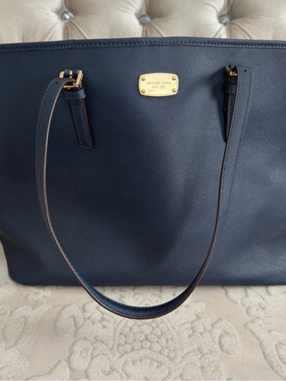 Michael Kors Navy Saffiano Tote with Gold Hardware